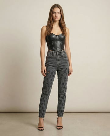 Yüksek Bel Füme Yıkamalı Mom Fit Denim Pantolon
