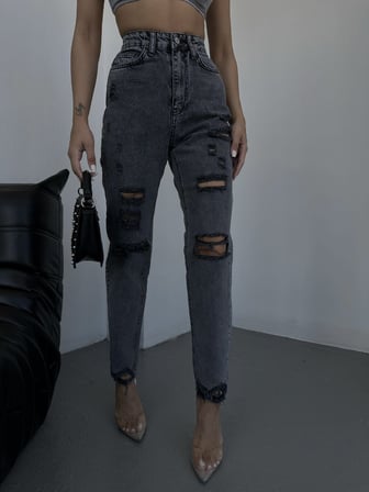 Yüksek Bel Füme Yıkamalı Mom Fit Denim Pantolon