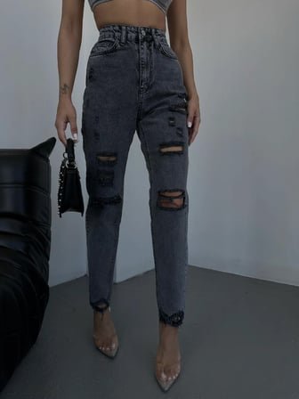 Yüksek Bel Füme Yıkamalı Mom Fit Denim Pantolon