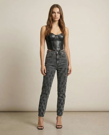 Yüksek Bel Füme Yıkamalı Mom Fit Denim Pantolon