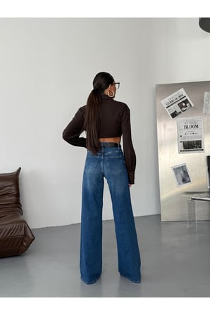 Yüksek Bel Geniş Paça Denim Jean Pantolon