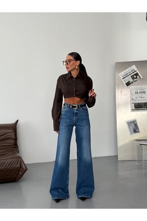 Yüksek Bel Geniş Paça Denim Jean Pantolon