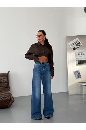 Yüksek Bel Geniş Paça Denim Jean Pantolon