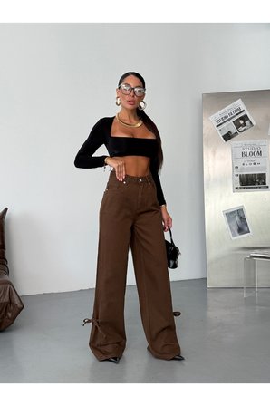 Yüksek Bel Bağlama Detaylı Bol Paça Kahverengi Denim Pantolon