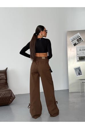 Yüksek Bel Bağlama Detaylı Bol Paça Kahverengi Denim Pantolon