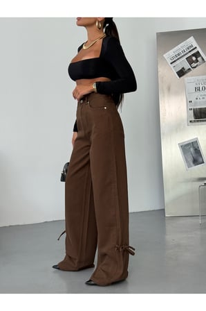 Yüksek Bel Bağlama Detaylı Bol Paça Kahverengi Denim Pantolon