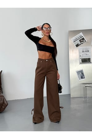 Yüksek Bel Bağlama Detaylı Bol Paça Kahverengi Denim Pantolon