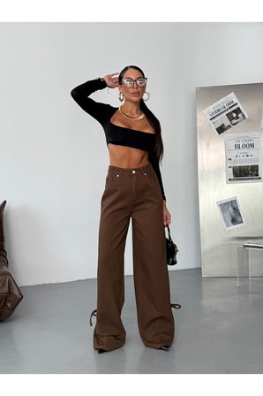 Yüksek Bel Bağlama Detaylı Bol Paça Kahverengi Denim Pantolon