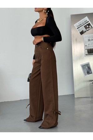 Yüksek Bel Bağlama Detaylı Bol Paça Kahverengi Denim Pantolon