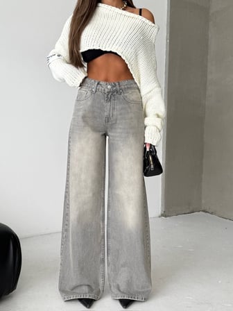 Yüksek Bel Geniş Paça Denim Jean Pantolon