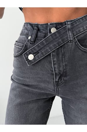 Kadın Yüksek Bel Asimetrik Kapamalı Antrasit Jean Pantolon – Modern Fit, Zamansız Stil