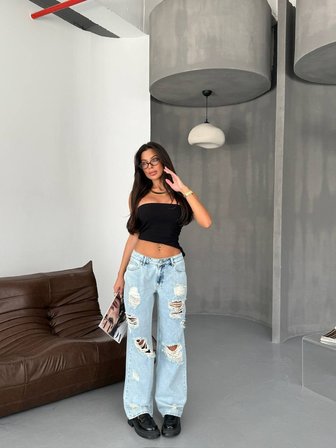 Kadın Orta Bel Yırtık Wide Leg Jean – Vintage Bol Paça Kot Pantolon