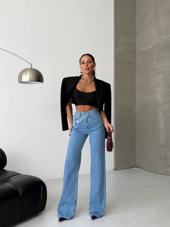 Kadın Çapraz Bel Detaylı Yüksek Bel Wide Leg Jean Pantolon