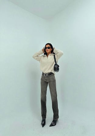 Koyu Gri Straight Fit Denim Pantolon