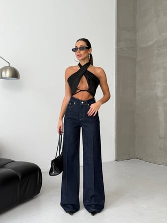 Koyu Denim Geniş Paça Yüksek Bel Pantolon