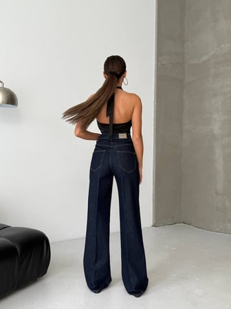 Koyu Denim Geniş Paça Yüksek Bel Pantolon