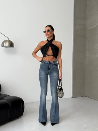 Yüksek Bel İspanyol Paça Açık Mavi Denim Kadın Pantolon