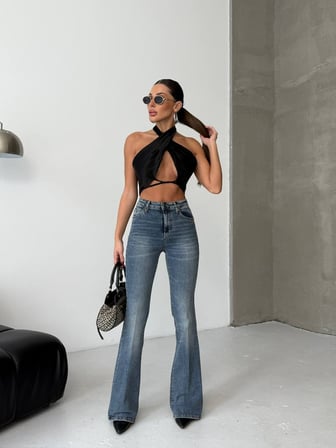 Yüksek Bel İspanyol Paça Açık Mavi Denim Kadın Pantolon