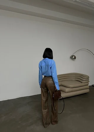 Taba Deri Görünümlü Yılan (Snake) Desenli Bol Paça Pantolon