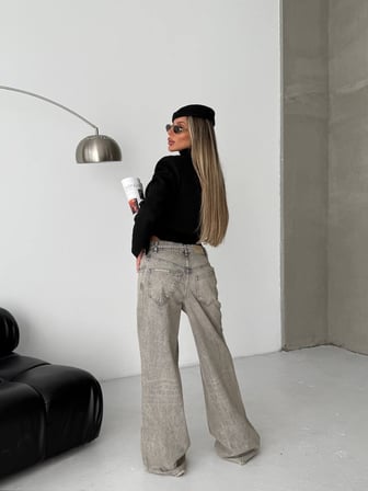 Bağcık Detaylı Geniş Paça Taşlanmış Denim Pantolon