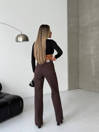 Kadın Yüksek Bel Geniş Paça Burgonya Denim Pantolon