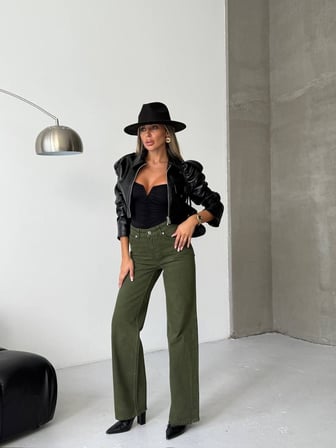 Kadın Yüksek Bel Geniş Paça Burgonya Denim Pantolon