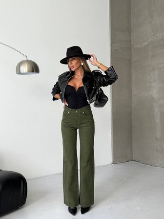 Kadın Yüksek Bel Geniş Paça Burgonya Denim Pantolon