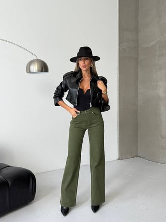 Kadın Yüksek Bel Geniş Paça Burgonya Denim Pantolon