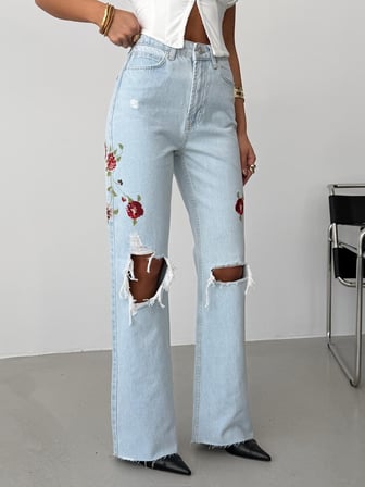 Nakış Detaylı Yırtık Paça Wide Leg Yüksek Bel Jean
