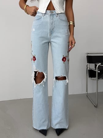 Nakış Detaylı Yırtık Paça Wide Leg Yüksek Bel Jean