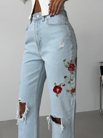 Nakış Detaylı Yırtık Paça Wide Leg Yüksek Bel Jean