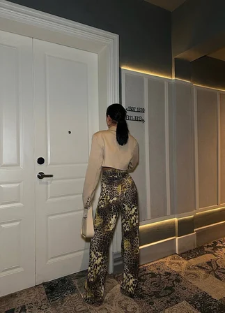 Leopar Desenli Yüksek Bel Geniş Paça Pantolon