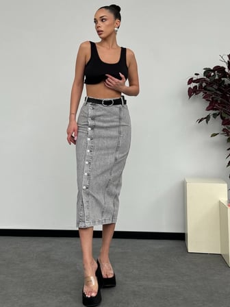 Kadın Yüksek Bel Düğmeli Denim Midi Etek – %100 Pamuk