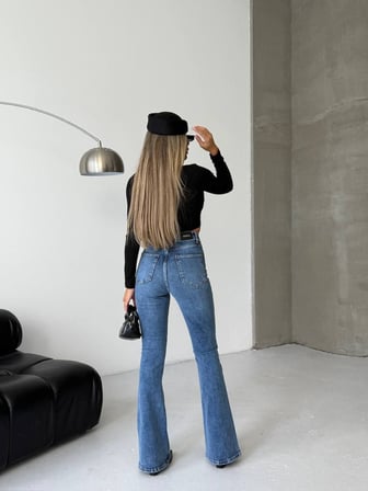 Kadın Yüksek Bel Çapraz Kemer Detaylı Beli Saran Flare Denim Pantolon