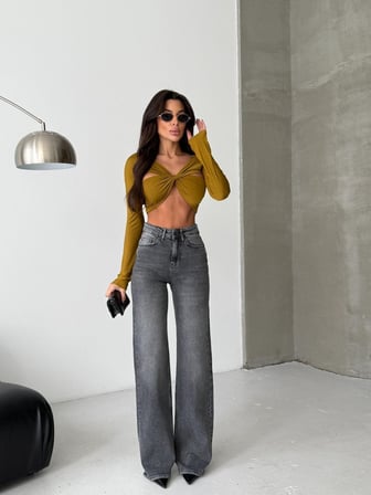 Kadın Yüksek Bel Geniş Paça Jean Pantolon – %98 Pamuk Modern Fit Kot Pantolon