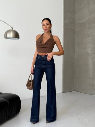 HerTon Yüksek Bel %100 Pamuklu Bol Paça Denim Pantolon - Premium Jean