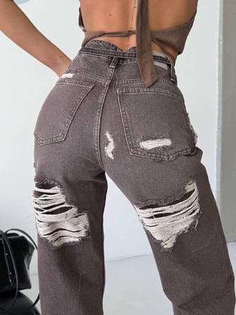 HerTon Kadın %100 Pamuk Arka Yırtık Detaylı Geniş Paça Jean Pantolon - Bel Bağlamalı Yüksek Bel Kahve Denim