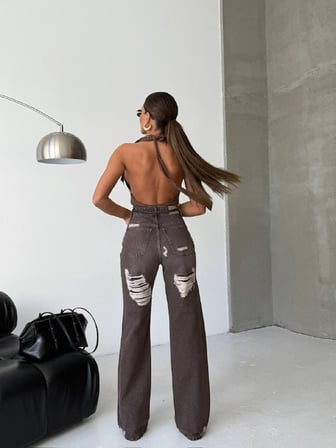 HerTon Kadın %100 Pamuk Arka Yırtık Detaylı Geniş Paça Jean Pantolon - Bel Bağlamalı Yüksek Bel Kahve Denim