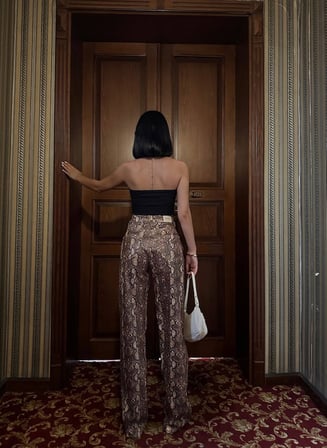Metalik Yılan Derisi (Snake Print) Yüksek Bel Bol Paça Pantolon