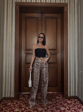 Metalik Yılan Derisi (Snake Print) Yüksek Bel Bol Paça Pantolon