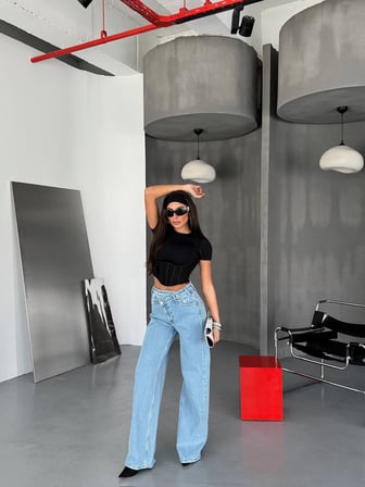 Kadın %98 Pamuk Yüksek Bel Asimetrik Bel Wide Leg Jean