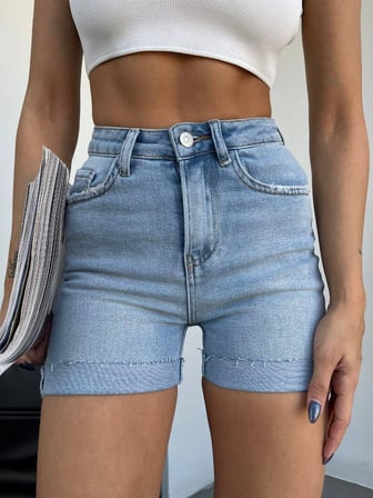 HerTon Kadın  Yüksek Bel Duble Paça Jean Şort Pantolon - %98 Pamuklu Bisiklet Şortu