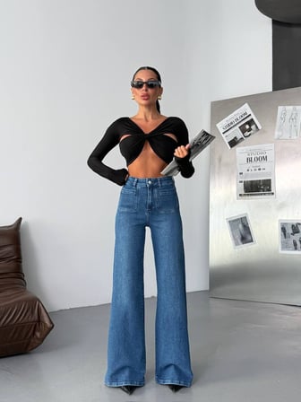 HerTon Kadın Yüksek Bel Wide Leg Jean Pantolon – Bol Paça Modern Kesim Denim