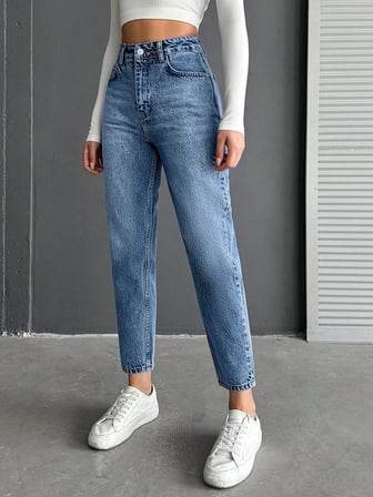 Kadın Yüksel Bel Mom Jean  Pantolon %100 cotton Esneme yok