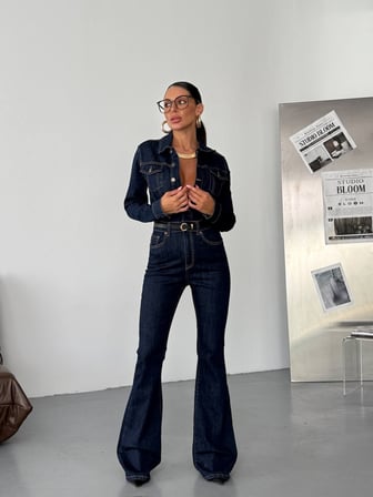 Bel Vurgulu Uzun Kollu Denim Tulum – İspanyol Paça