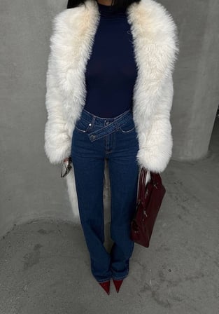Kadın Yüksek Bel Çapraz Düğme Detaylı Wide Leg Jean Pantolon