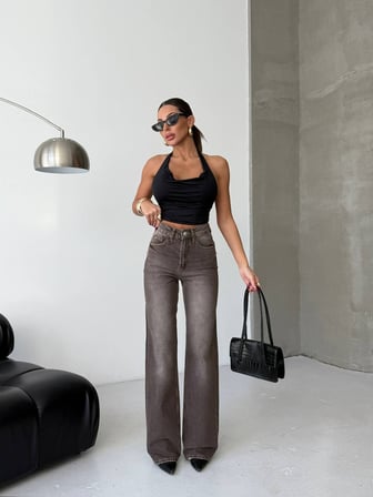 Kadın Yüksek Bel Wide Leg Jean Pantolon - %100 Pamuk  Denim