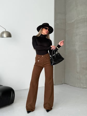 Kadın Asimetrik Çapraz Bel Detaylı Wide Leg Jean Pantolon