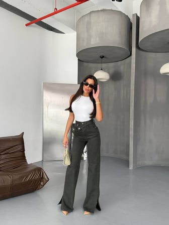 Kadın Yüksek Bel Çapraz Kemer Wide Leg Jean – %100 Pamuk Denim Pantolon