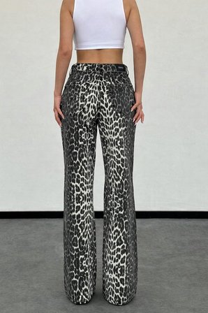 HerTon Yüksek Bel Leopar Desenli Geniş Paça Kadın Pantolon – %100 Pamuk, Trend Flare Jean
